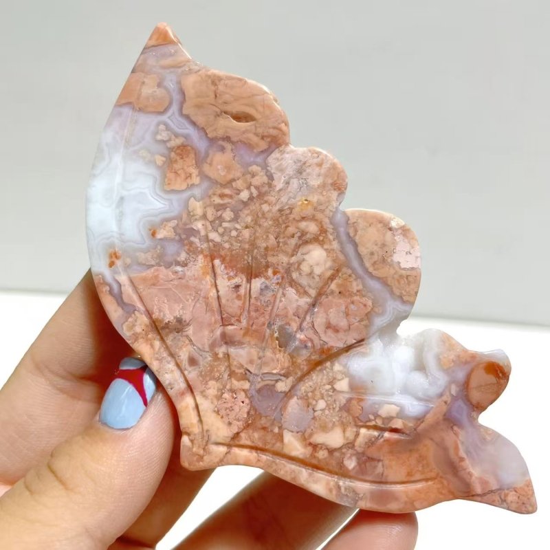 4 Pairs Pink Agate Butterfly Wing Carving With Stand - Wholesale Crystals