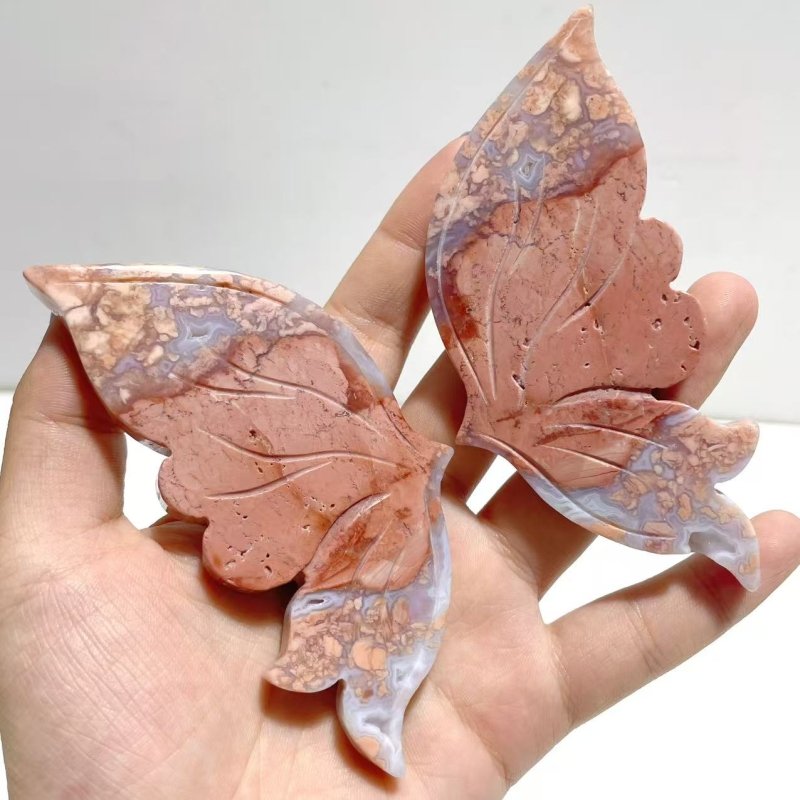 4 Pairs Pink Agate Butterfly Wing Carving With Stand - Wholesale Crystals