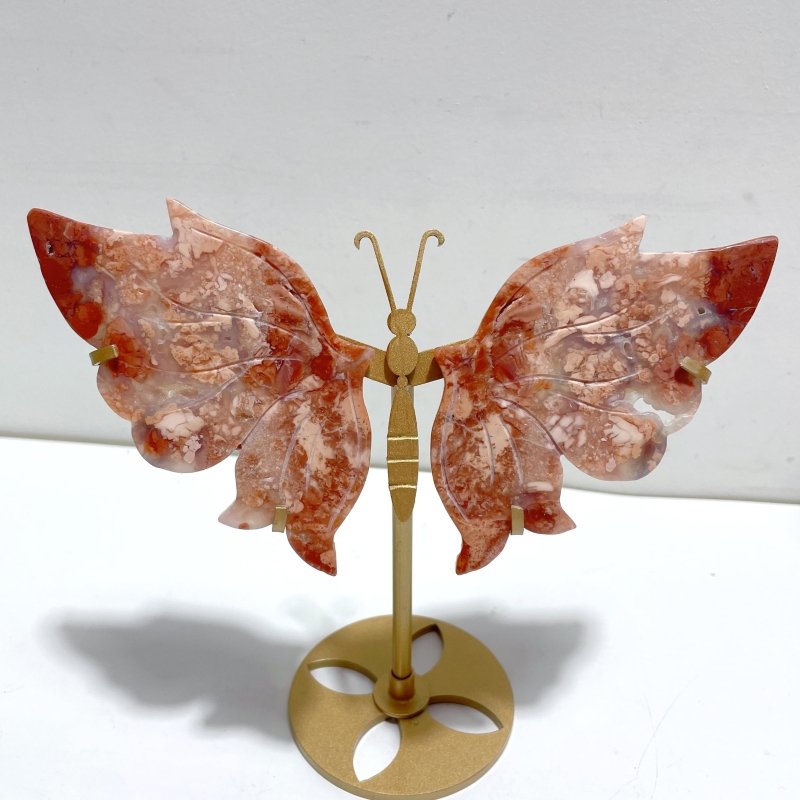 4 Pairs Pink Agate Butterfly Wing Carving With Stand - Wholesale Crystals