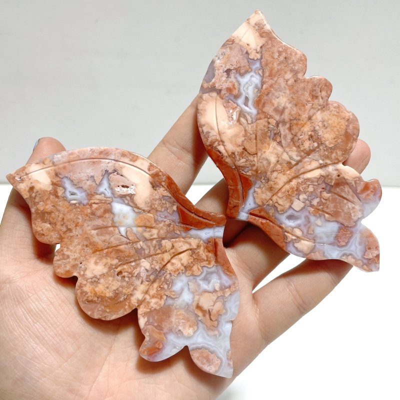 4 Pairs Pink Agate Butterfly Wing Carving With Stand - Wholesale Crystals