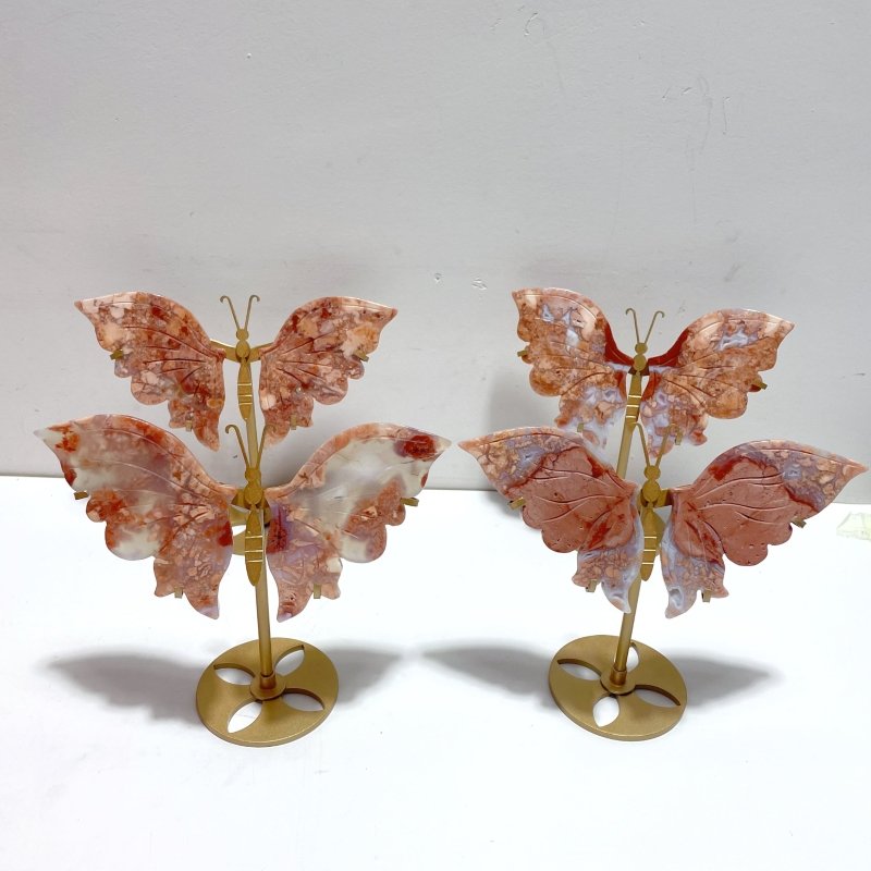 4 Pairs Pink Agate Butterfly Wing Carving With Stand - Wholesale Crystals
