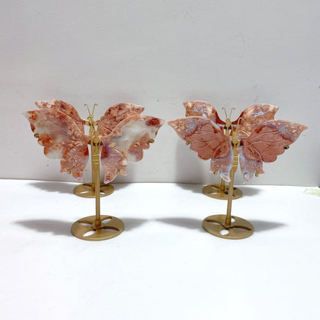4 Pairs Pink Agate Butterfly Wing Carving With Stand - Wholesale Crystals