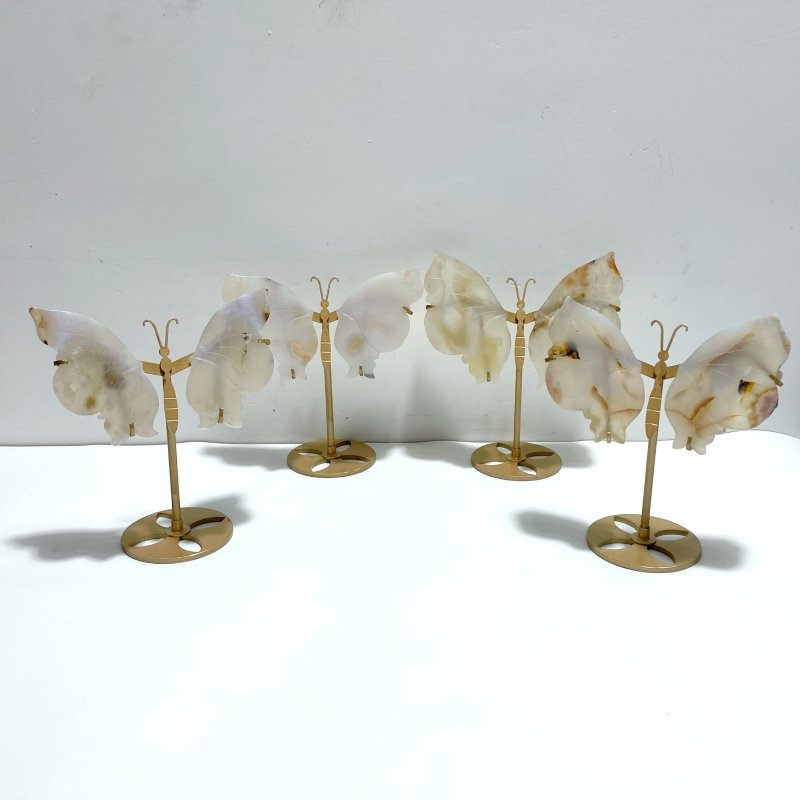 4 Pairs Sakura Flower Agate Butterfly Wing Carving With Stand - Wholesale Crystals