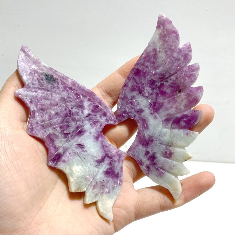 4 Pairs Spark Lepidolite Demon Angel Wing Carving With Stand - Wholesale Crystals