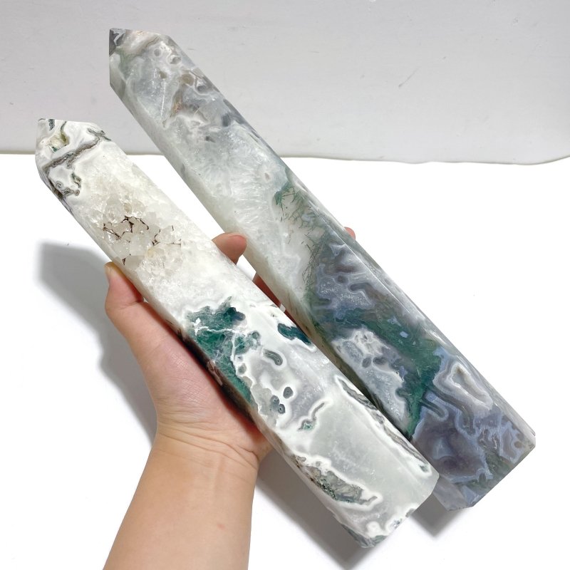 4 Pieces Tall Geode Druzy White Moss Agate Tower Points - Wholesale Crystals