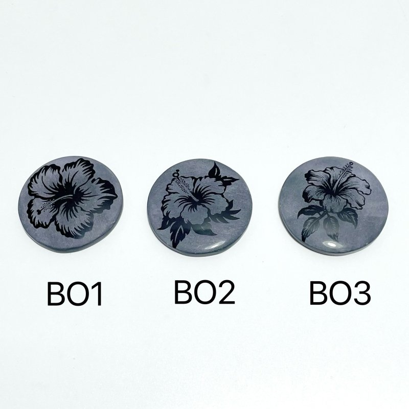 4cm Black Obsidian Hawaiian Flowers Engraved Round Slices DIY Wholesale - Wholesale Crystals