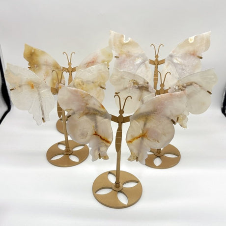 5 Pairs Sakura Flower Agate Butterfly Wing Carving With Stand - Wholesale Crystals