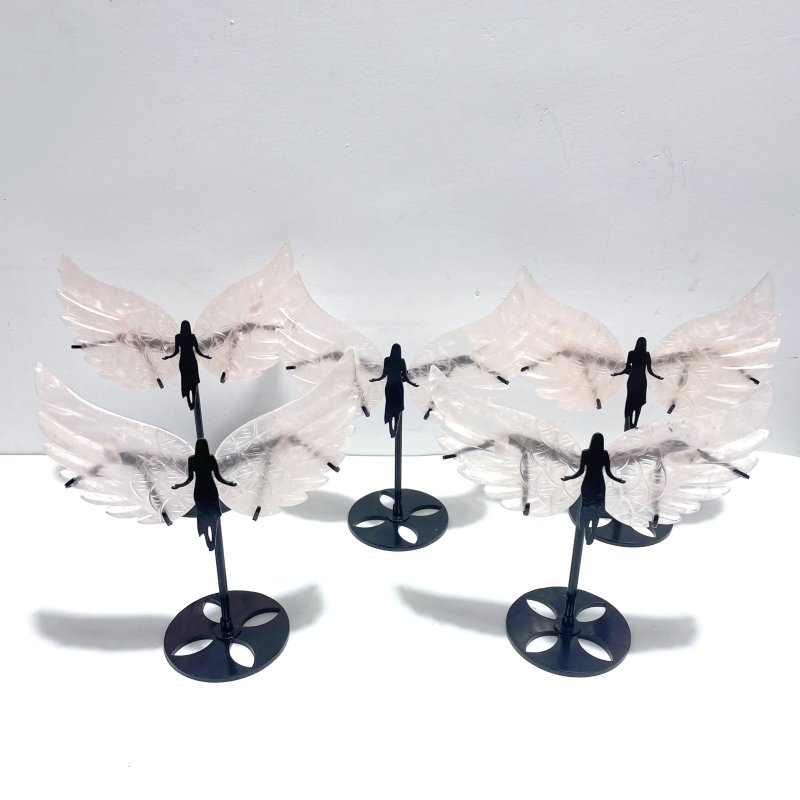 5 Pairs Unique Rose Quartz Angel Wing Carving With Stand - Wholesale Crystals