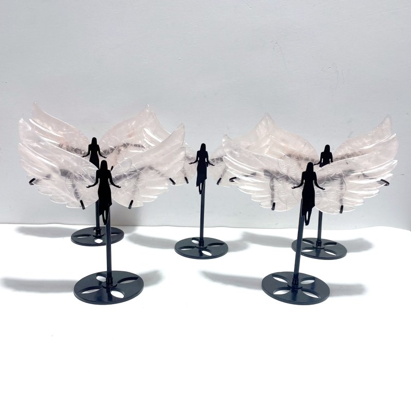 5 Pairs Unique Rose Quartz Angel Wing Carving With Stand - Wholesale Crystals