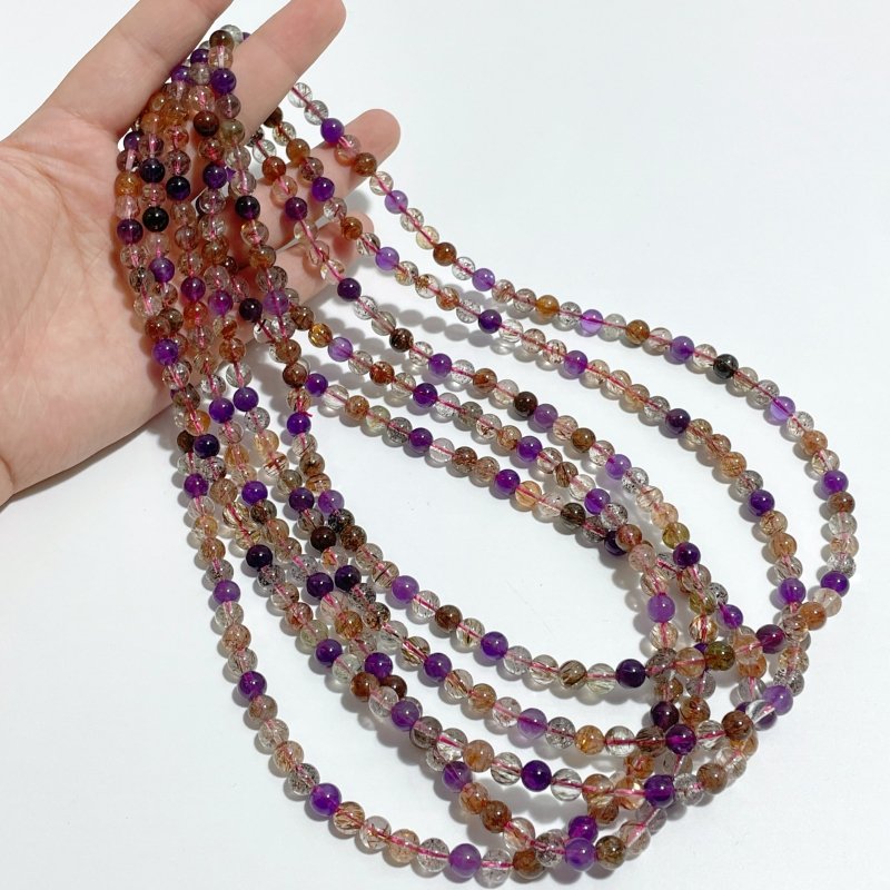 5 Pieces 7mm Super 7 Amethyst Beads 3 - Loop Bracelet/Necklace For DIY - Wholesale Crystals