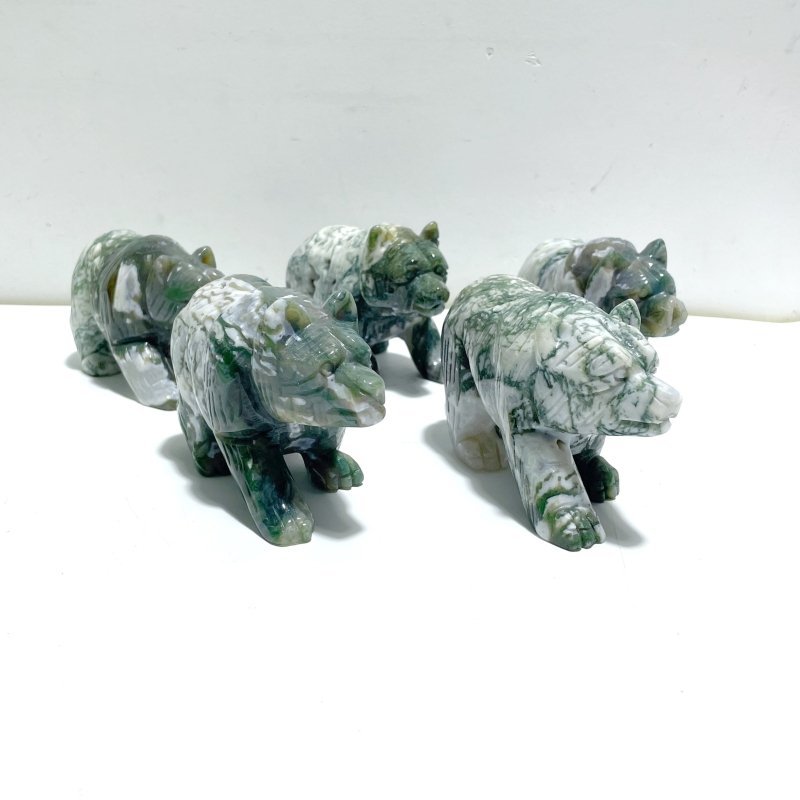 5 Pieces Beautiful Moss Agate Bear Carving - Wholesale Crystals