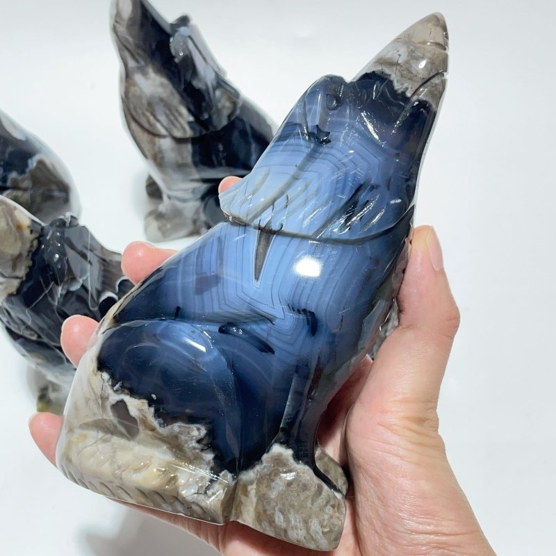 5 Pieces Large Volcanic Agate Wolf Carving(UV - Reactive) - Wholesale Crystals