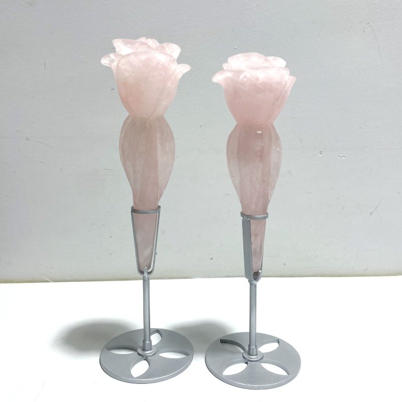 5 Pieces Rose Quartz Chevron Amethyst Flower Carving With Stand - Wholesale Crystals
