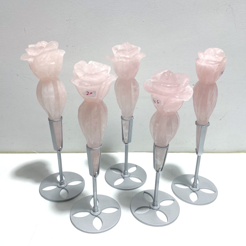 5 Pieces Rose Quartz Flower Carving With Stand - Wholesale Crystals