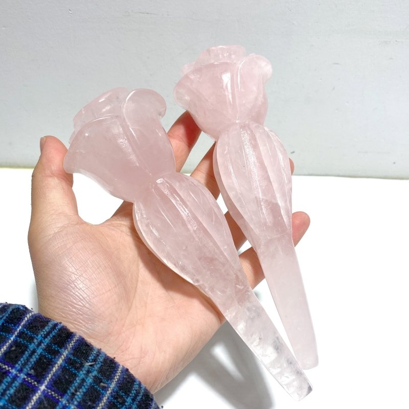 5 Pieces Rose Quartz Flower Carving With Stand - Wholesale Crystals