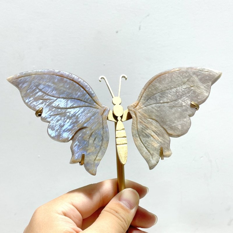 6 Pairs Sunstone Mixed Moonstone Butterfly Wing Carving With Stand - Wholesale Crystals