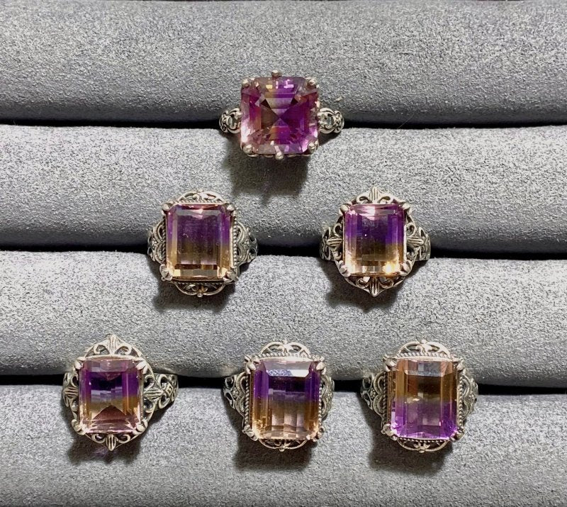 6 Pieces Ametrine Sugar Cube 925 Silver Ring - Wholesale Crystals