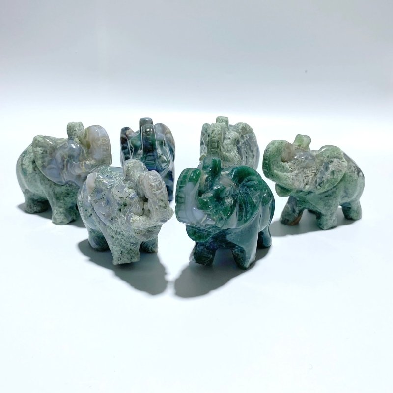 6 Pieces Moss Agate Elephant Carving - Wholesale Crystals