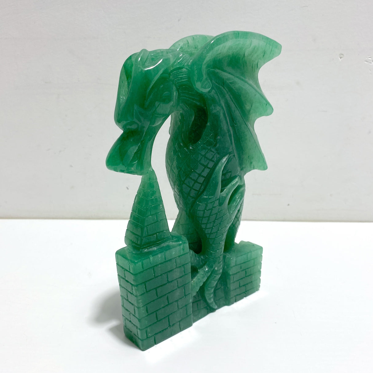 Unique Green Aventurine Flying Dragon Castle Carving #3