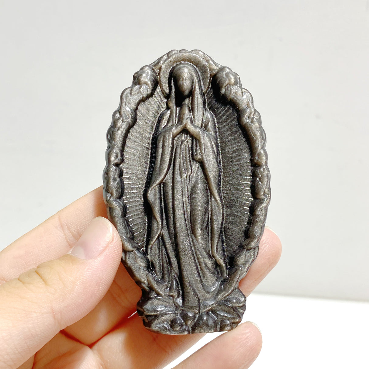 Silver Sheen Obsidian Virgin Mary Carving Wholesale
