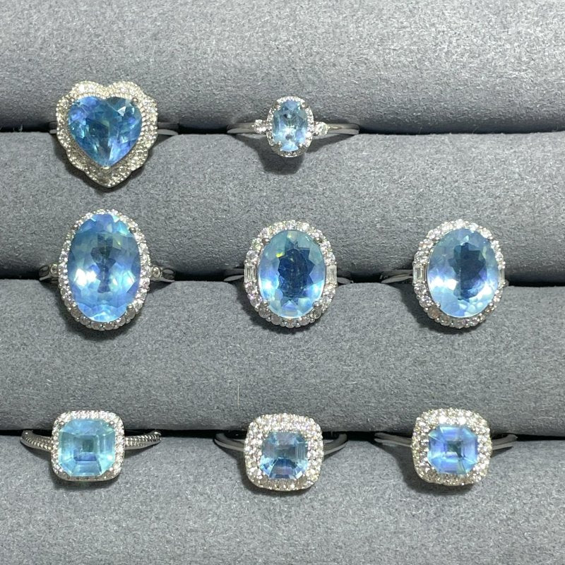 8 Pieces Beautiful High Quality S925 Sterling Silver Cut Faceted Aquamarine Different Styles Ring - Wholesale Crystals