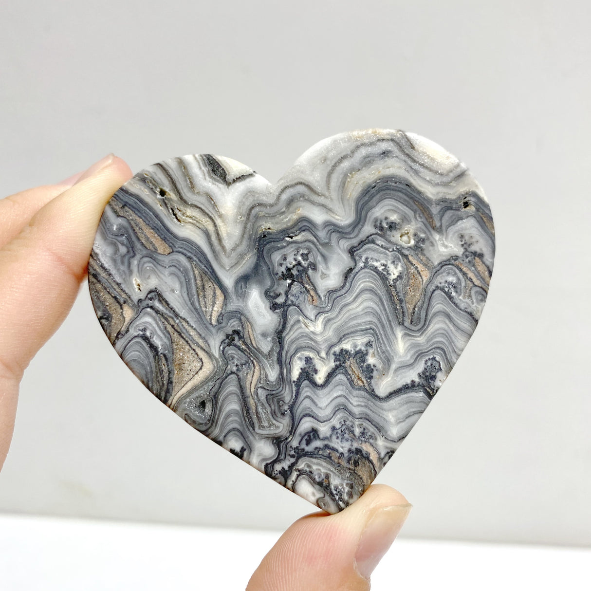 Gray Lace Agate Heart Wing Carving With Stand