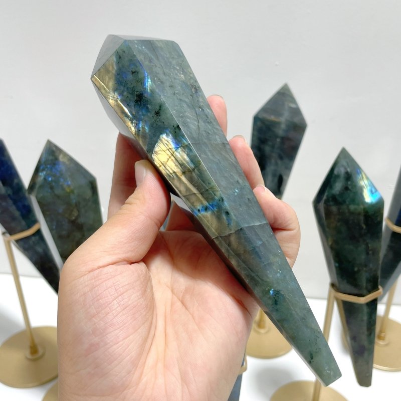 9 Pieces High Quality Labradorite Magic Scepter Wand Points With Stand - Wholesale Crystals