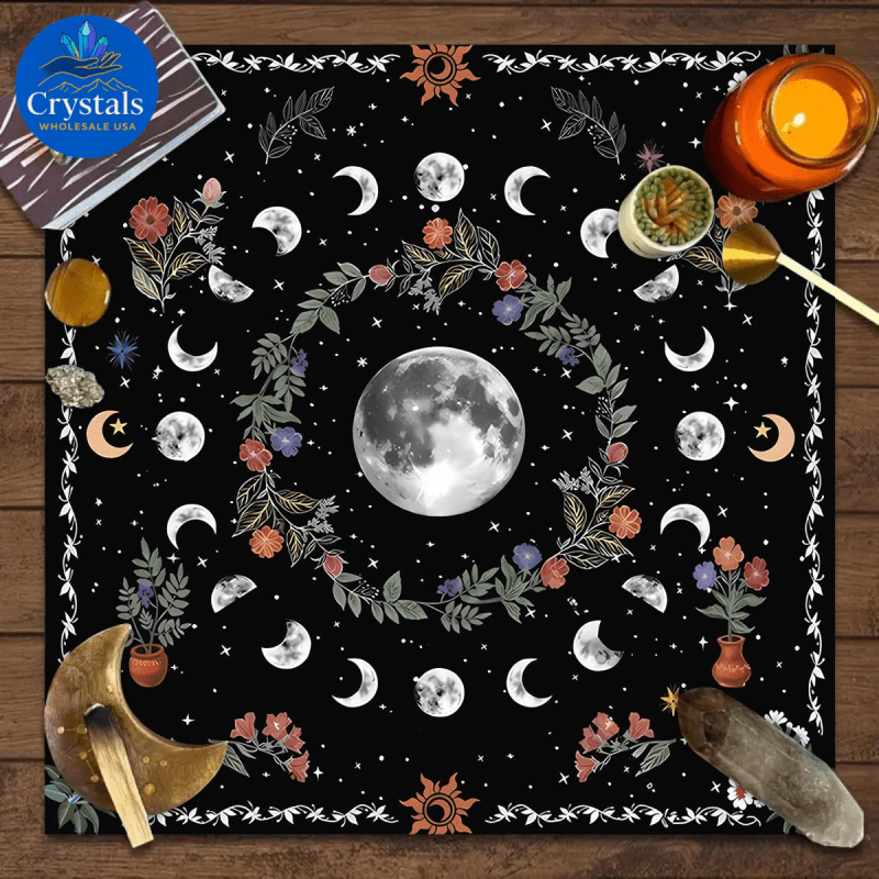 9 Sun Floral & Moon Phase Tarot Tablecloth - Wholesale Crystals
