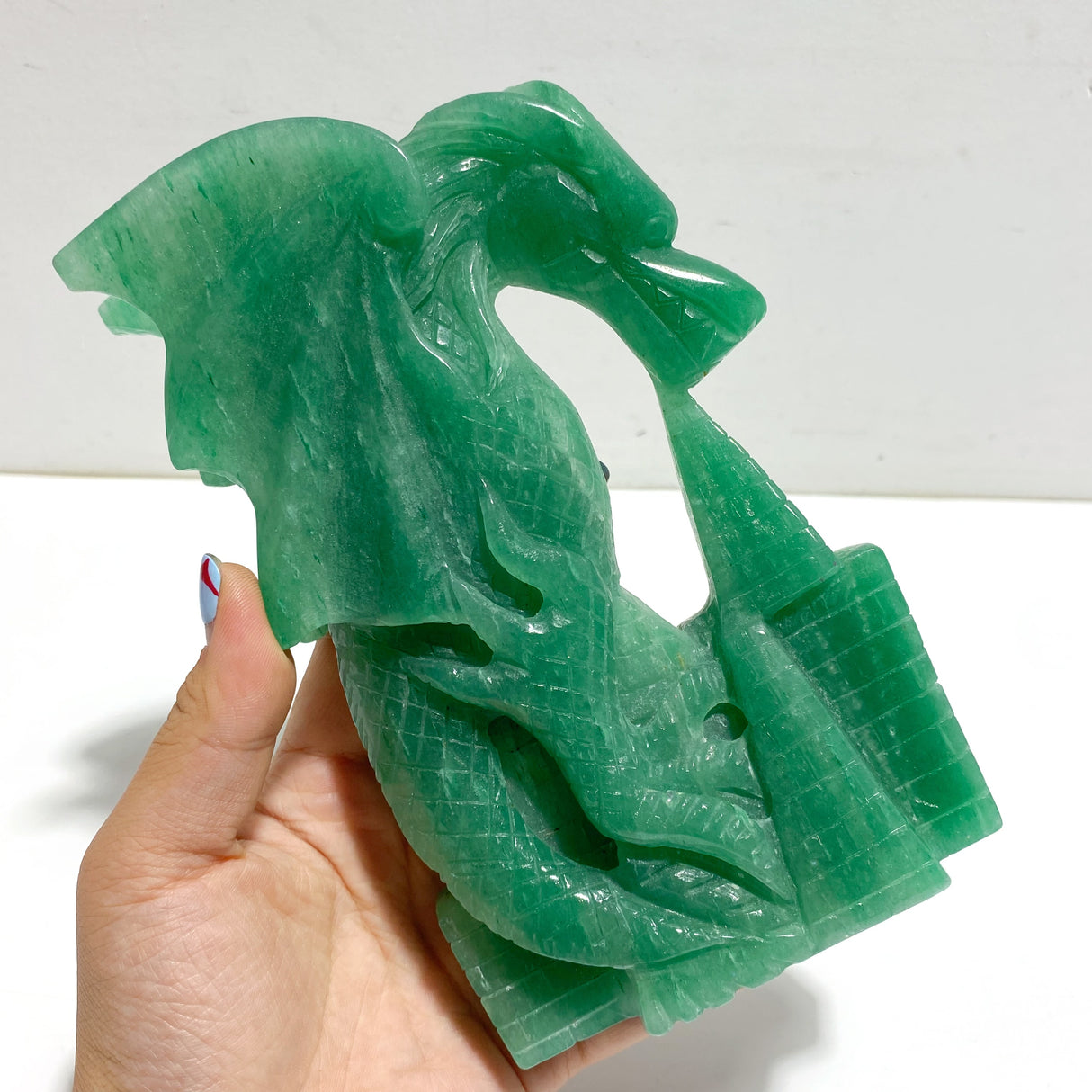 Unique Green Aventurine Flying Dragon Castle Carving #3