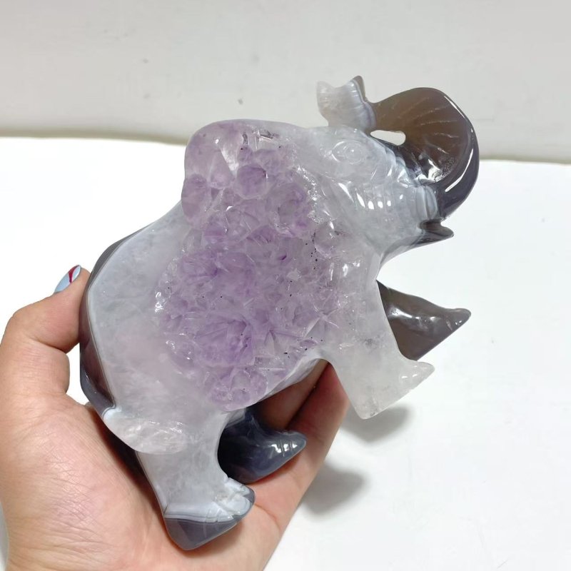 Beautiful Amethyst Mixed Geode Agate Druzy Elephant Animal Carving A04 - Wholesale Crystals
