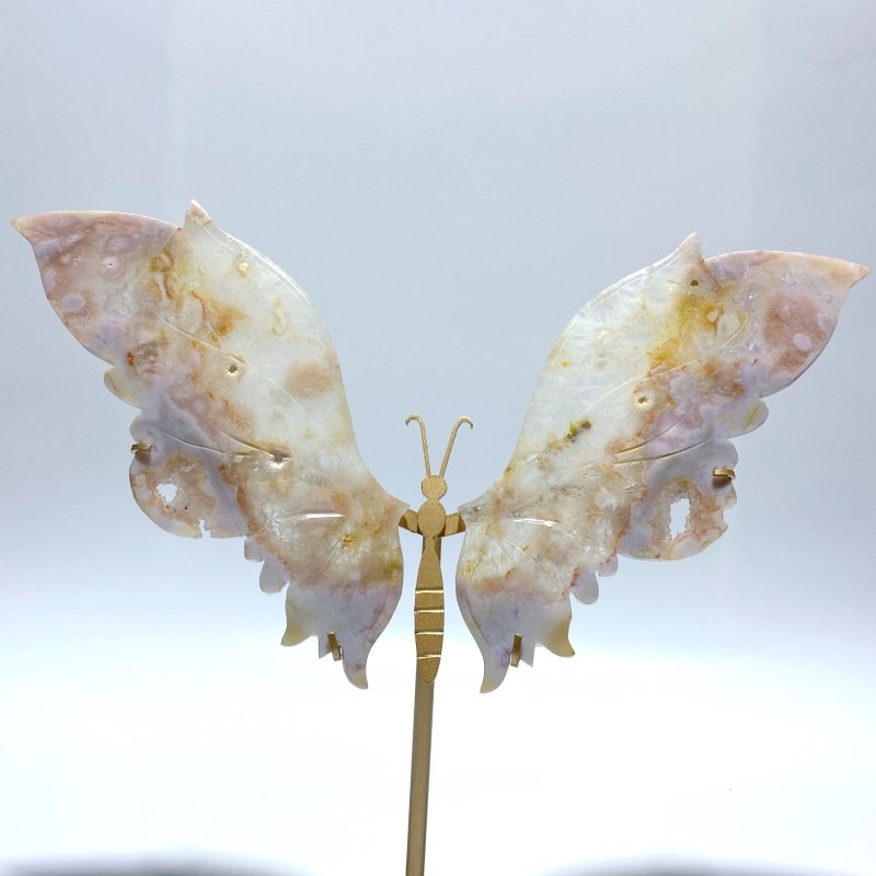 Beautiful Geode Sakura Flower Agate Butterfly Wing Carving With Stand - Wholesale Crystals