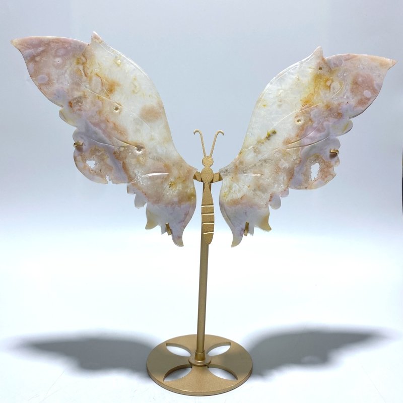 Beautiful Geode Sakura Flower Agate Butterfly Wing Carving With Stand - Wholesale Crystals