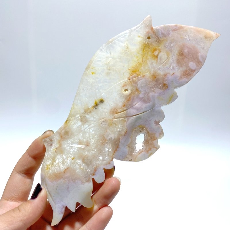 Beautiful Geode Sakura Flower Agate Butterfly Wing Carving With Stand - Wholesale Crystals