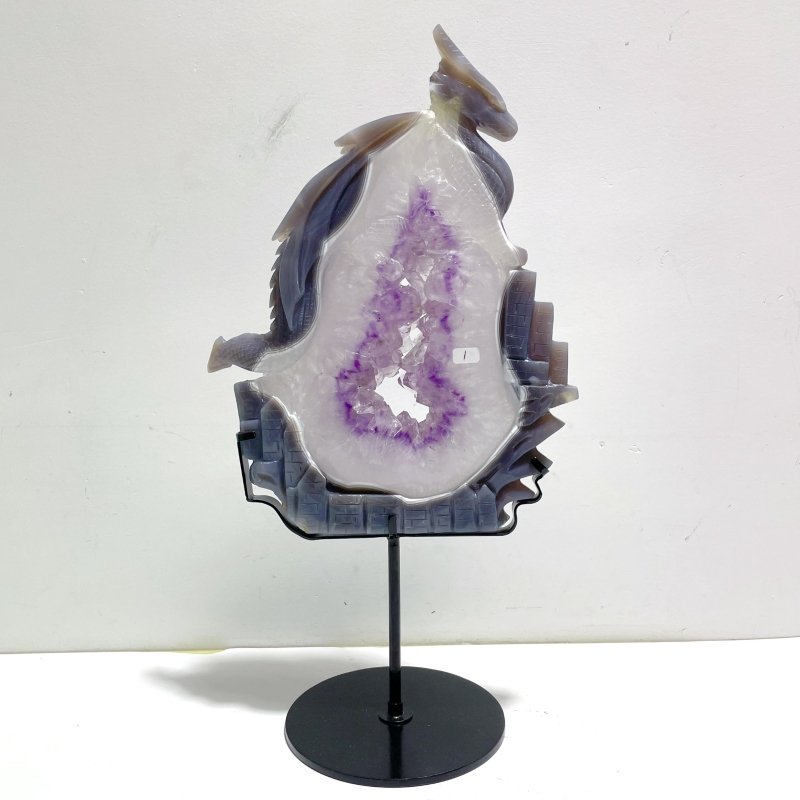 Beautiful Large Amethyst Mixed Geode Druzy Agate Flying Dragon Castle Carving With Stand - Wholesale Crystals