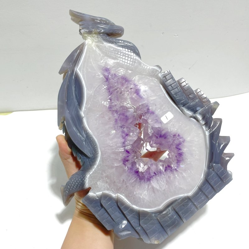 Beautiful Large Amethyst Mixed Geode Druzy Agate Flying Dragon Castle Carving With Stand - Wholesale Crystals