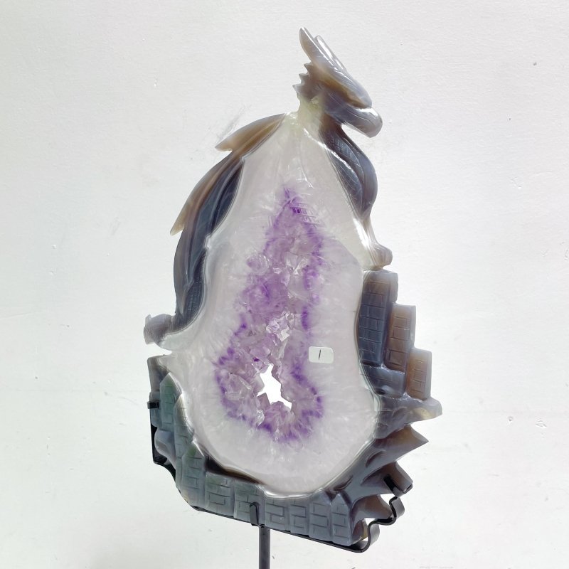 Beautiful Large Amethyst Mixed Geode Druzy Agate Flying Dragon Castle Carving With Stand - Wholesale Crystals