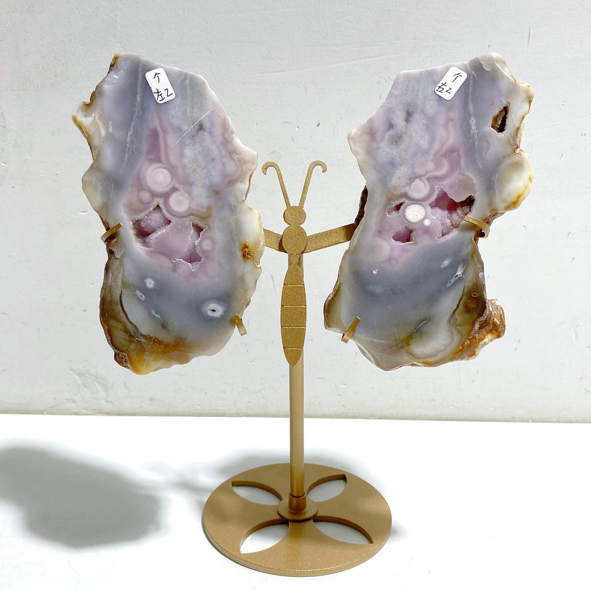 Geode Druzy Sakura Flower Agate Slab Butterfly Wing Carving With Stand
