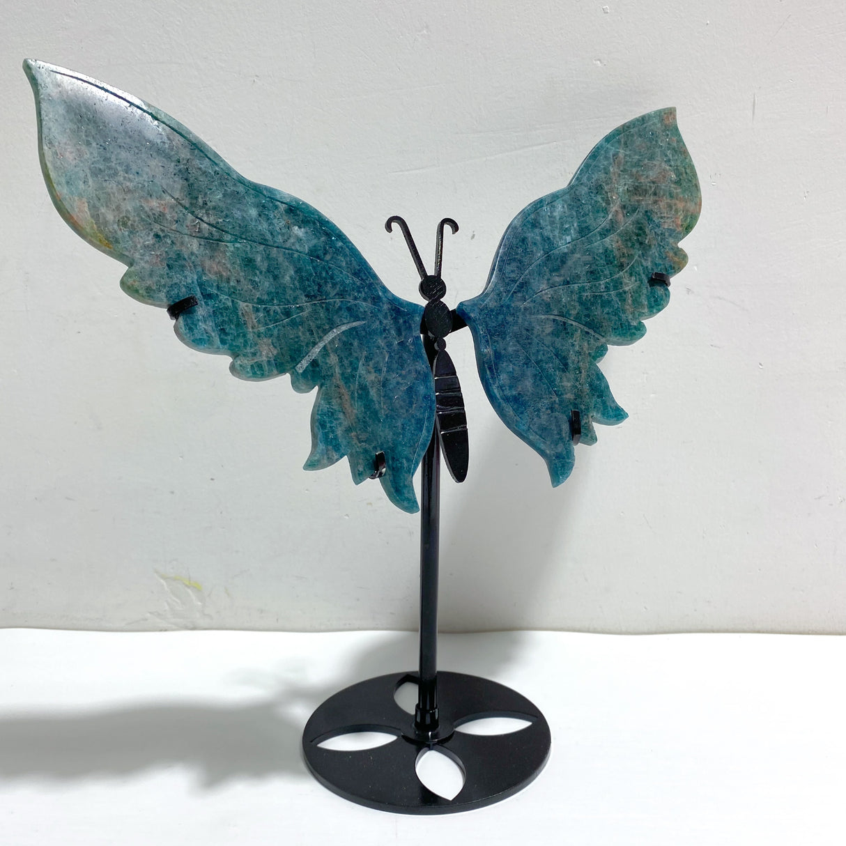 Blue Apatite Butterfly Wing Carving With Stand