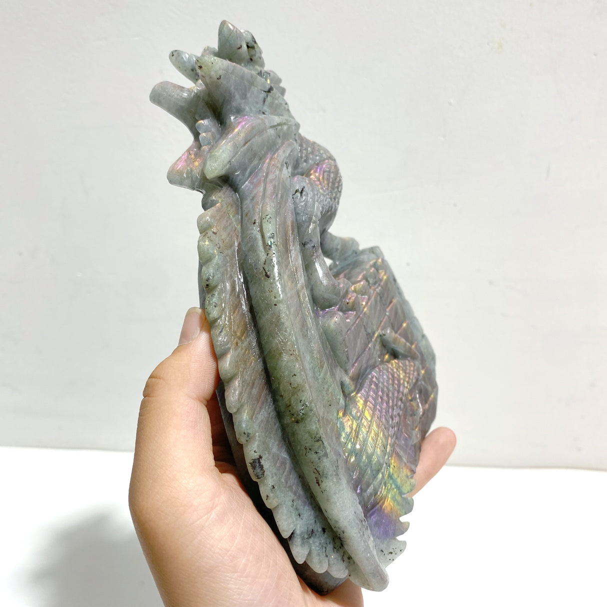 Beautiful Labradorite Flying Dragon Castle Carving
