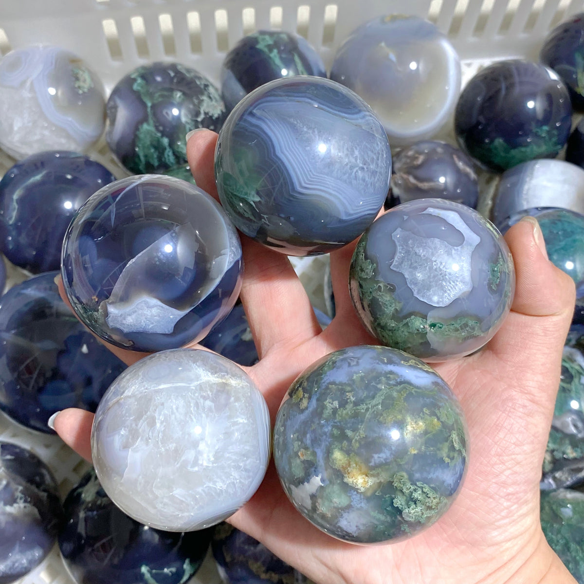 63 Pieces Beautiful Geode Druzy Moss Agate Spheres (Sea Freight Only)