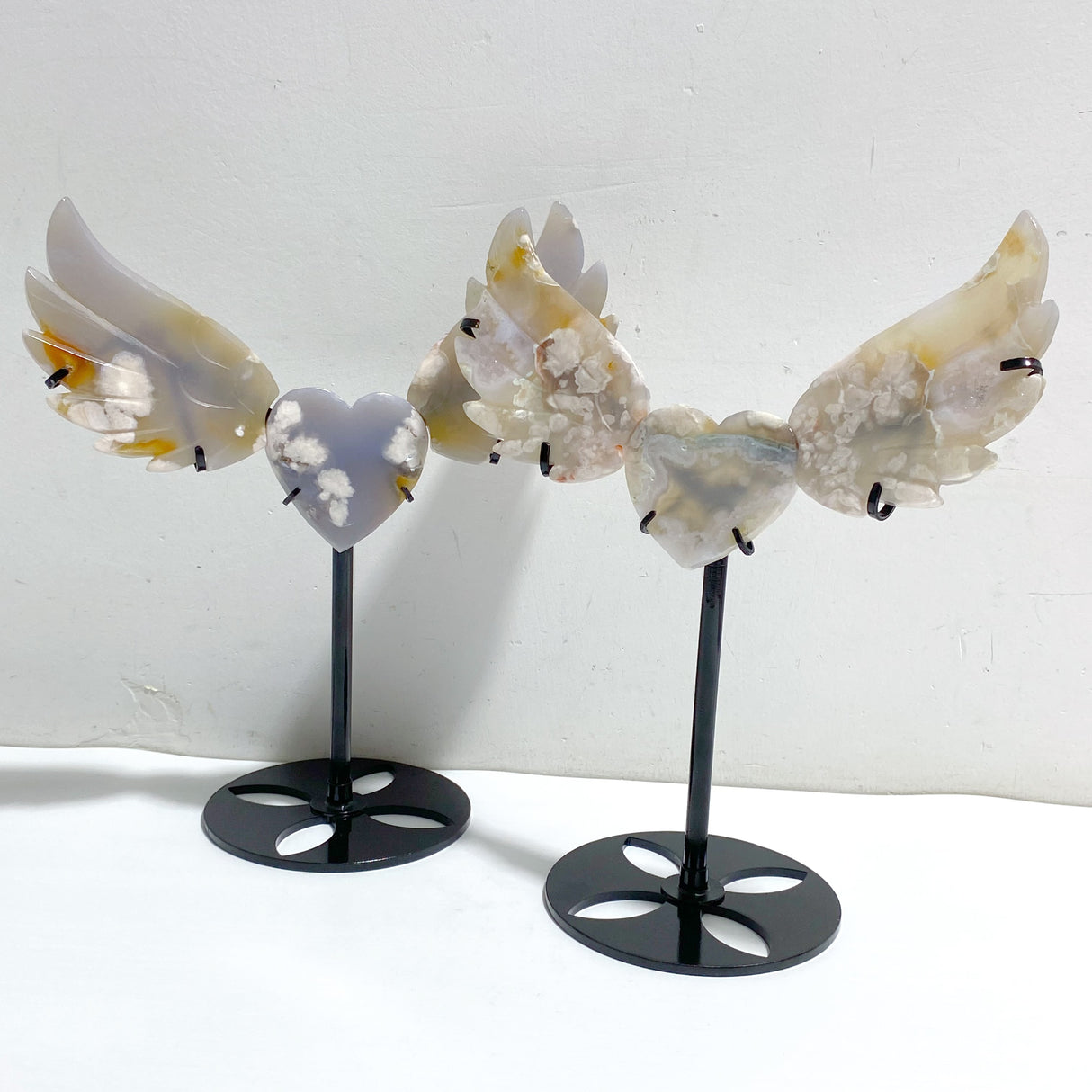 2 Pairs Sakura Flower Agate Heart Wing Carving With Stand