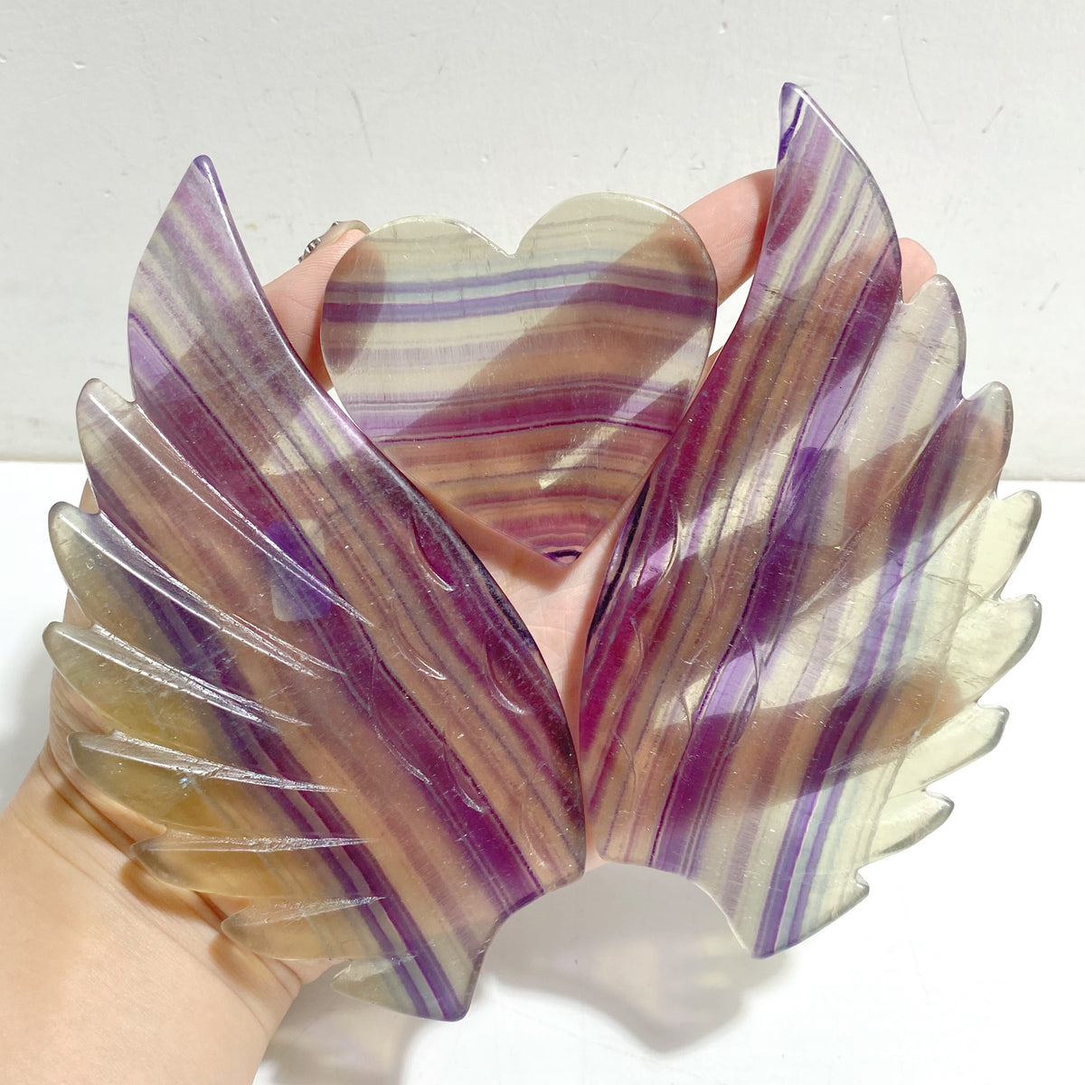 Unique Symmetrical Fluorite Heart Wing Carving With Stand
