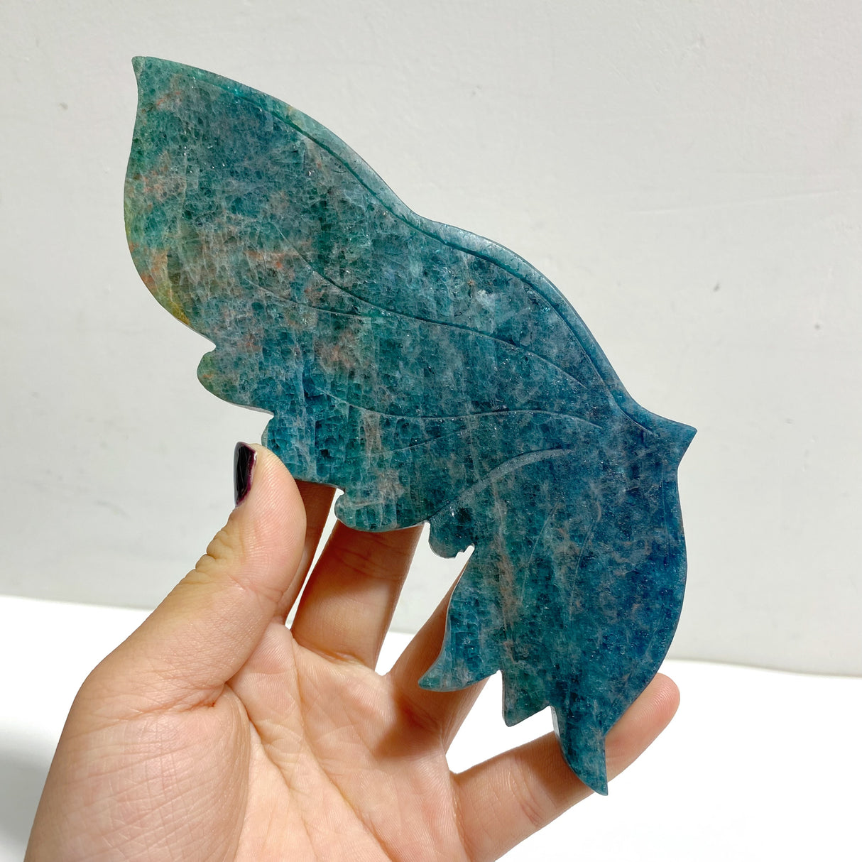 Blue Apatite Butterfly Wing Carving With Stand