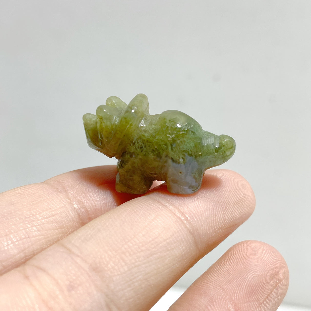 Mini Moss Agate Three Horns Dinosaur Carving Wholesale