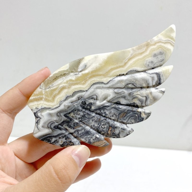 Gray Lace Agate Heart Wing Carving With Stand -Wholesale Crystals