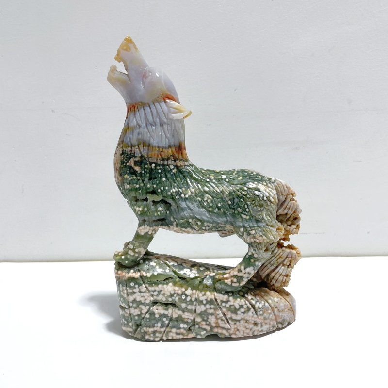 Large 8th Vein Ocean Jasper Wolf Carving - Wholesale Crystals
