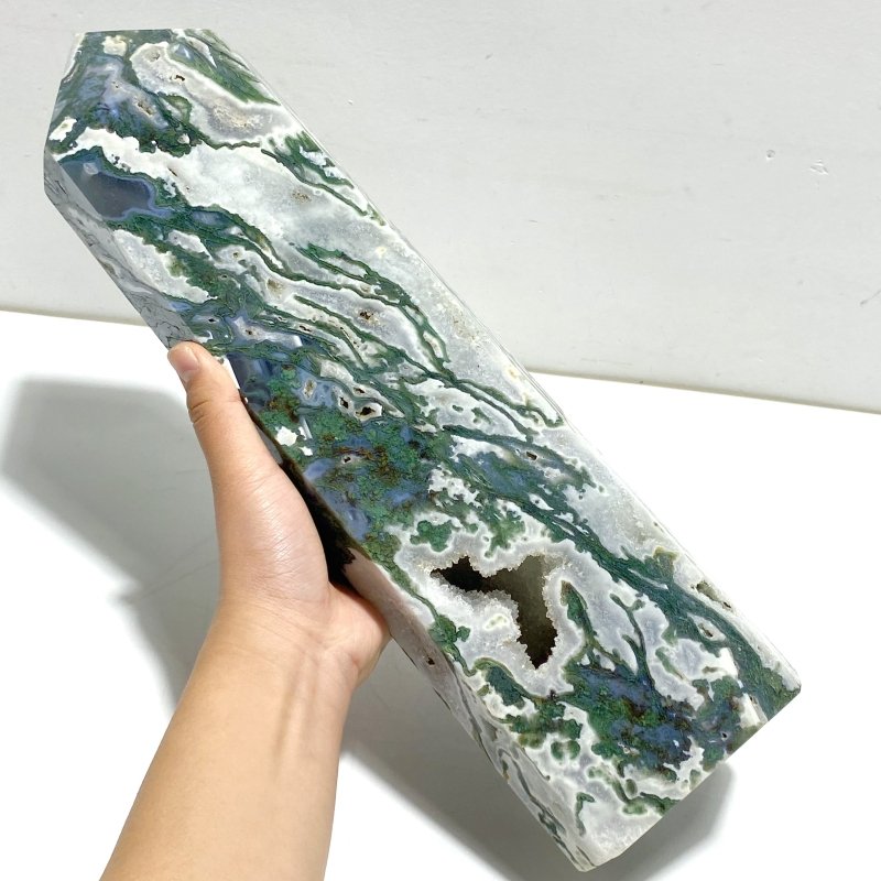 Large Druzy Moss Agate Geode Four - Sided Point - Wholesale Crystals