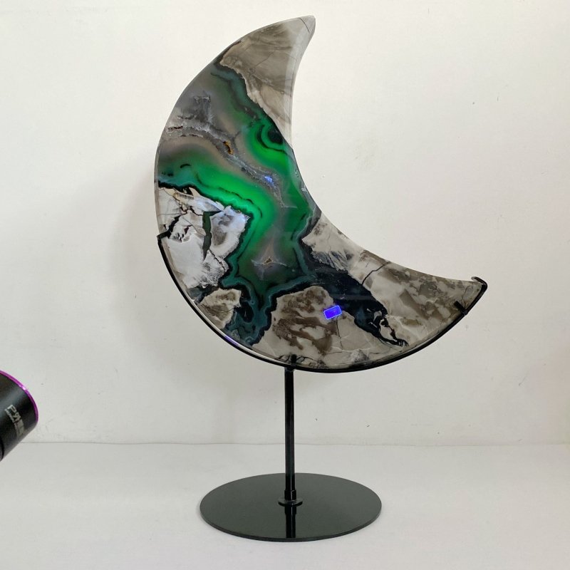 Large Geode Druzy Volcano Agate Moon Carving With Stand(UV - Reactive) 2 - Wholesale Crystals