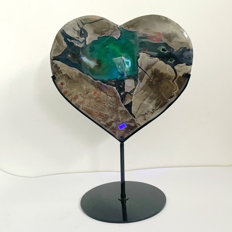 Large Volcano Agate Heart With Stand (UV - Reactive) - Wholesale Crystals