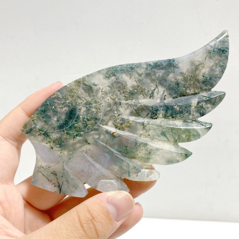 Moss Agate Heart Wing Carving With Stand -Wholesale Crystals